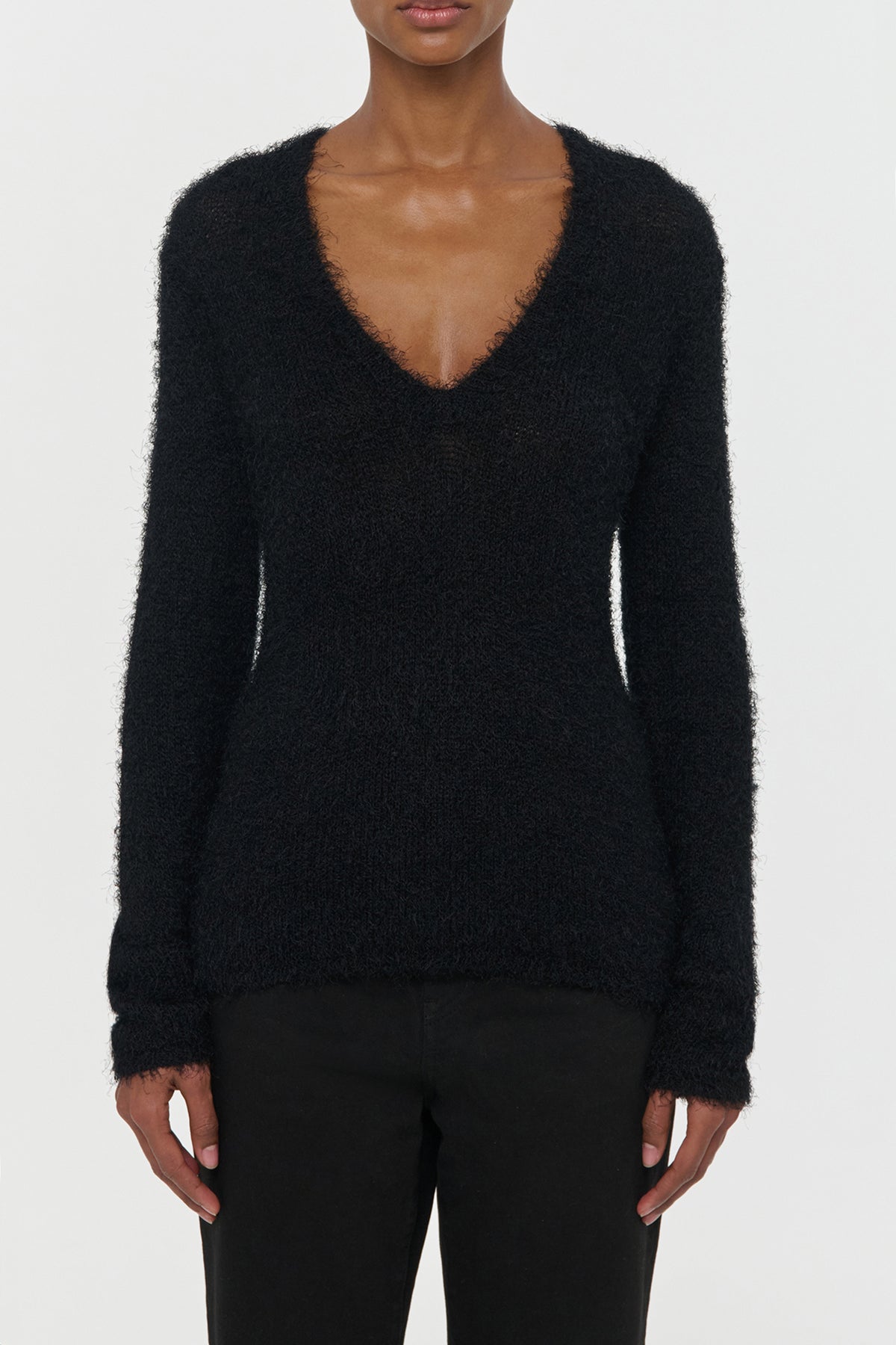 Neoma Knit V-Neck Sweater in Black Silk Cashmere