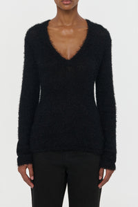 Neoma Knit V-Neck Sweater in Black Silk Cashmere