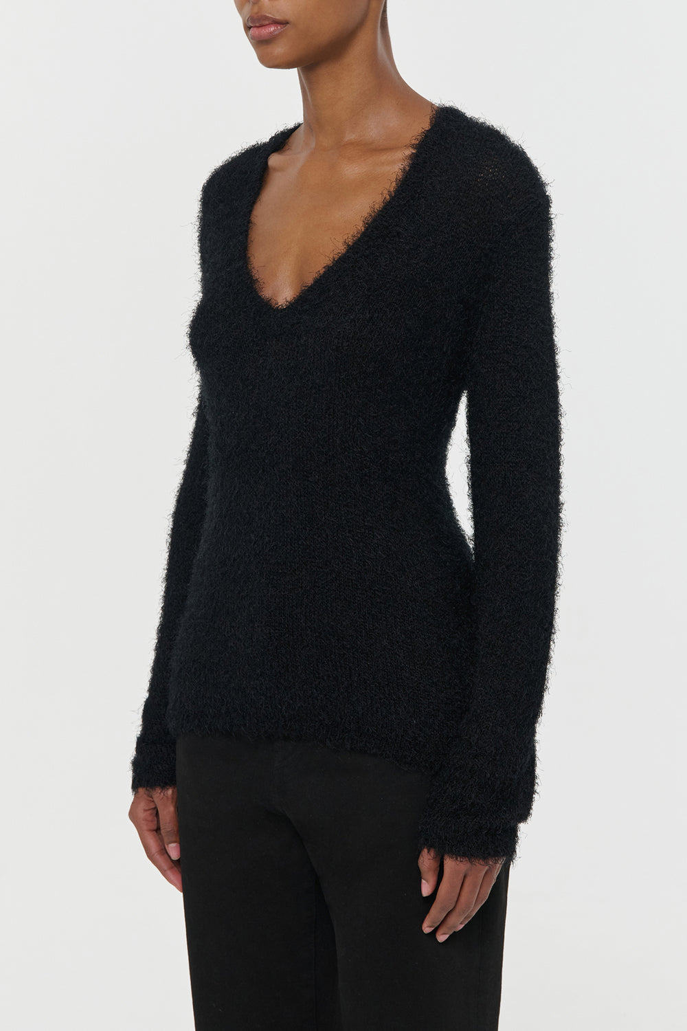 Neoma Knit V-Neck Sweater in Black Silk Cashmere