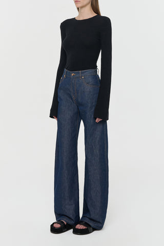 Indigo Blue Sustainable Cotton Linen Denim Jeans - Side Profile On Model | Gabriela Hearst
