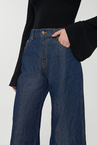 Indigo Blue Cotton Linen Denim Jeans - Waistband Hardware Detail | Gabriela Hearst