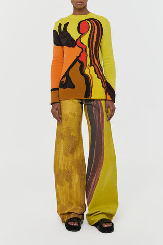 Yellow Printed Recycled Denim Barrel-leg Jeans - Front View Styled Look | Gabriela Hearst