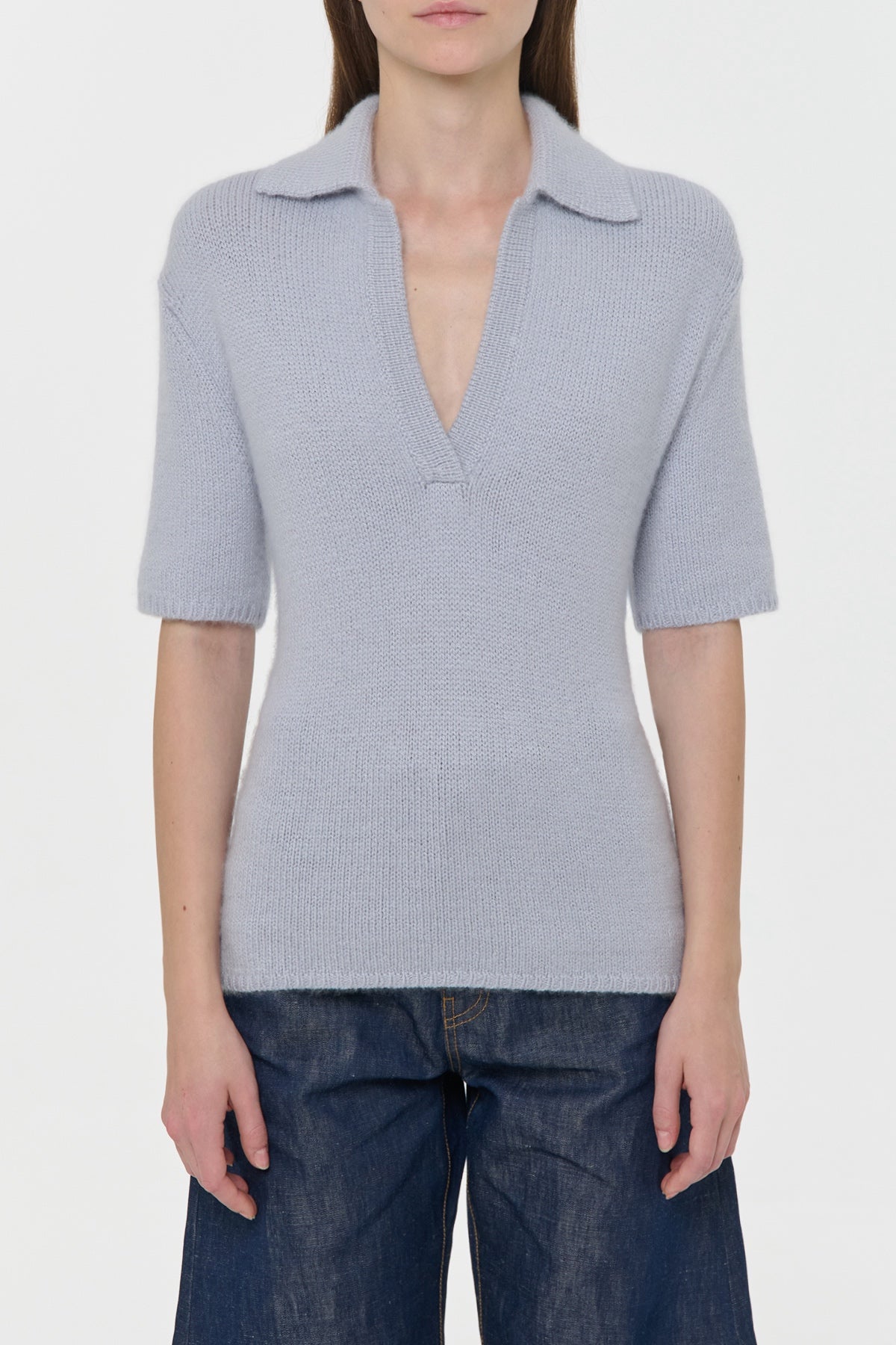 Sohan Knit Short Sleeve Polo in Light Blue Cashmere