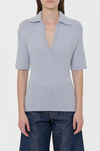 Sohan Knit Short Sleeve Polo in Light Blue Cashmere