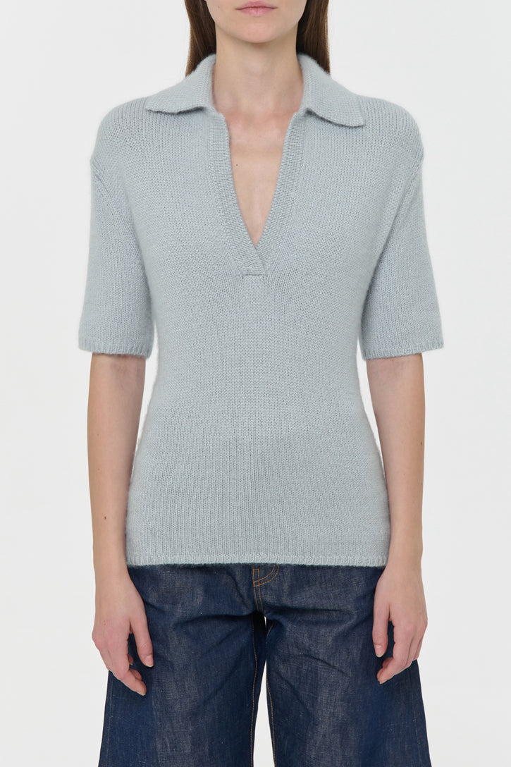 Sohan Knit Short Sleeve Polo in Light Blue Cashmere