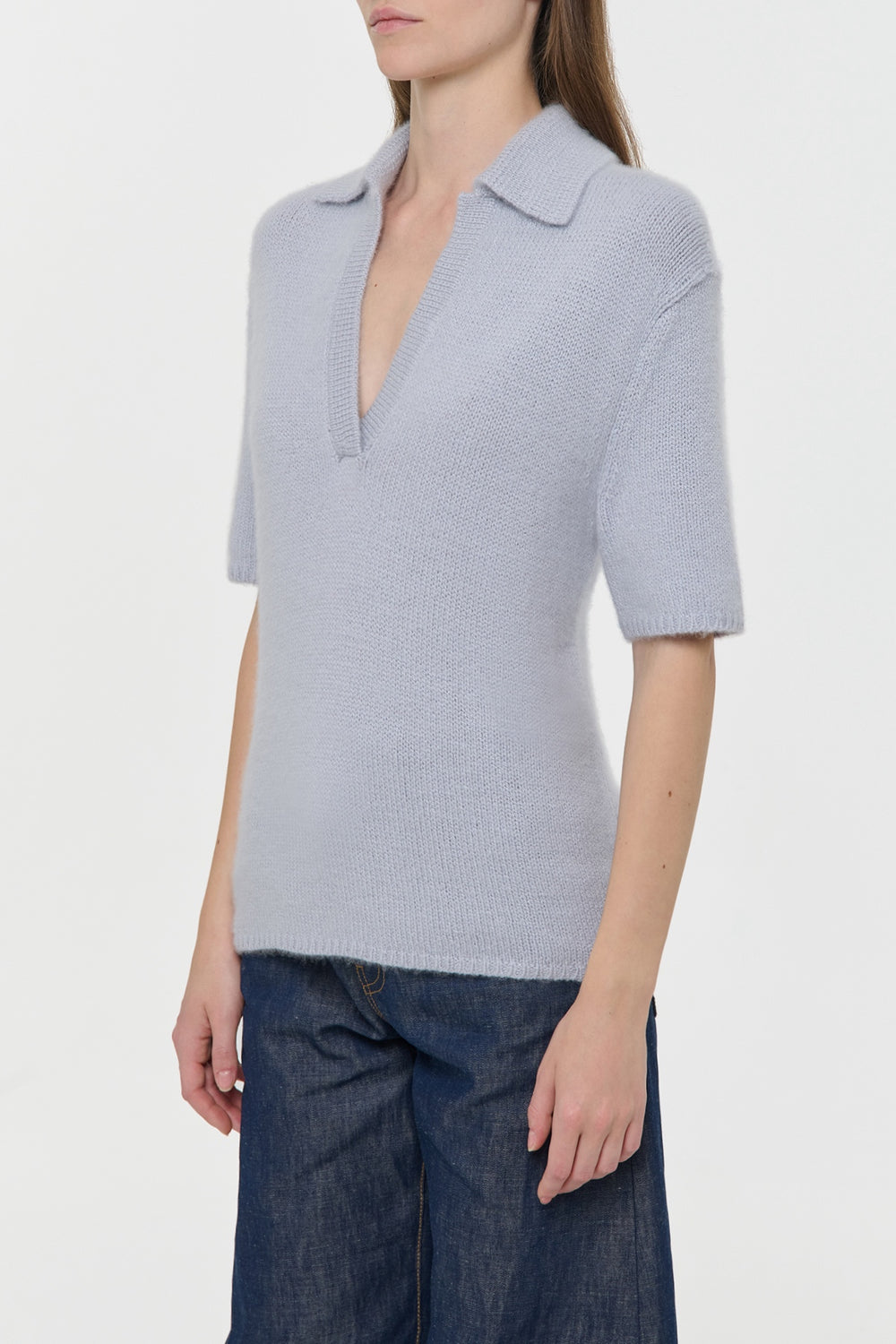 Sohan Knit Short Sleeve Polo in Light Blue Cashmere