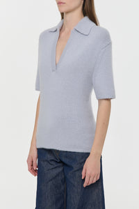 Sohan Knit Short Sleeve Polo in Light Blue Cashmere