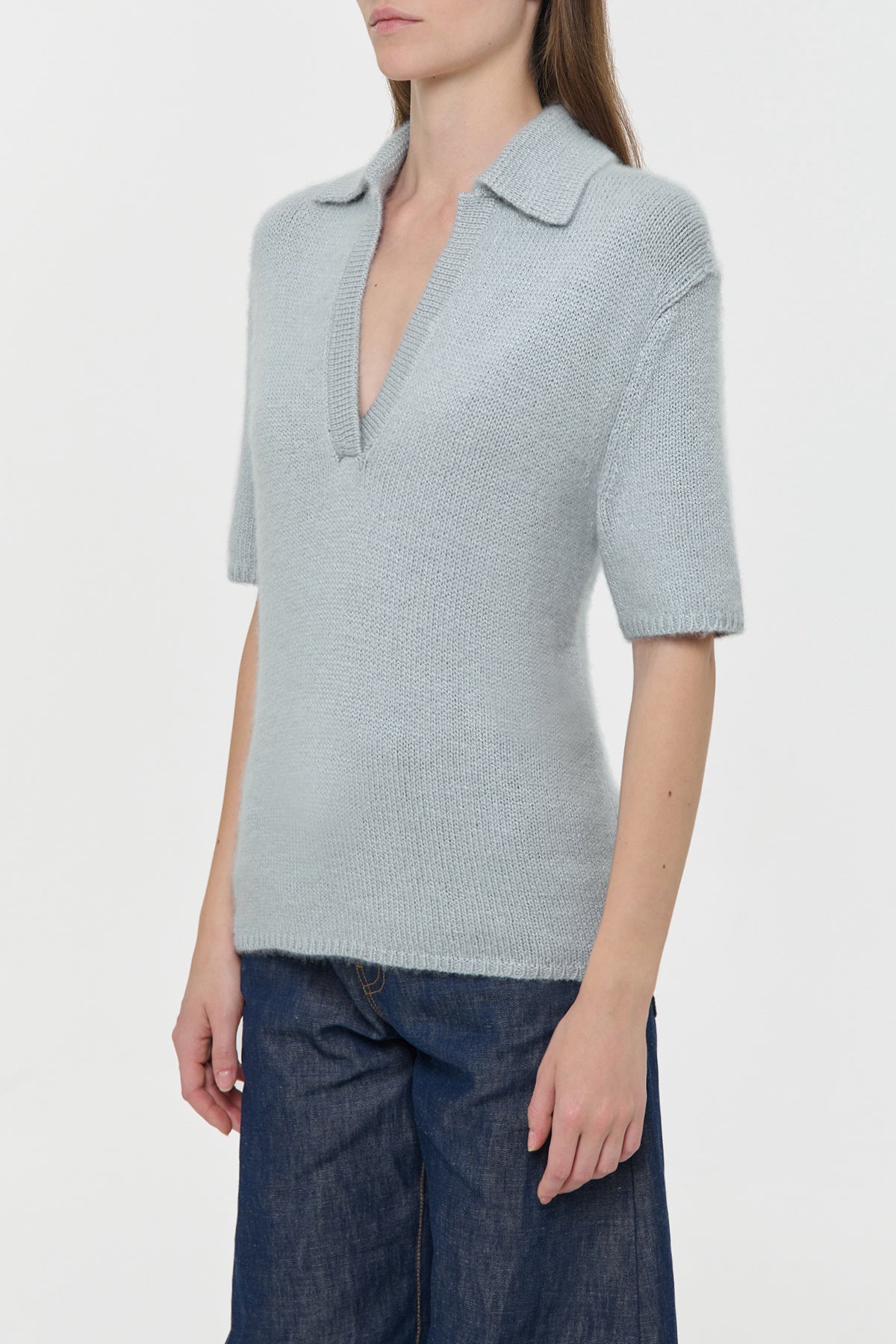 Sohan Knit Short Sleeve Polo in Light Blue Cashmere