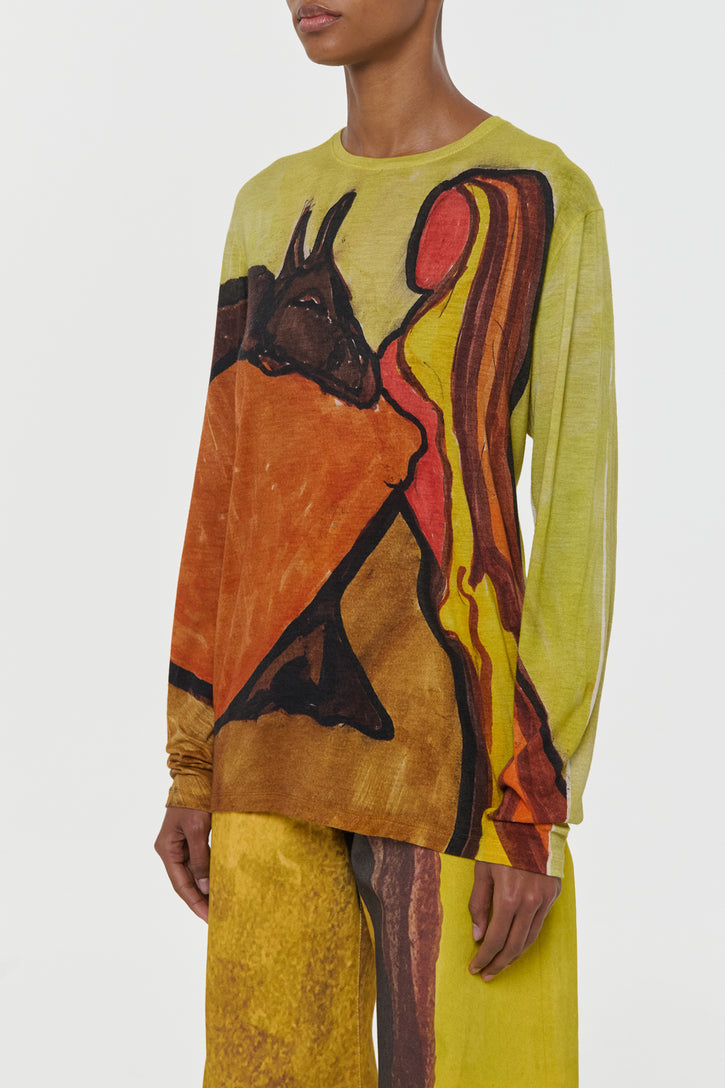 Isaro Long Sleeve T-shirt in Earth Multi Printed Cashmere Jersey
