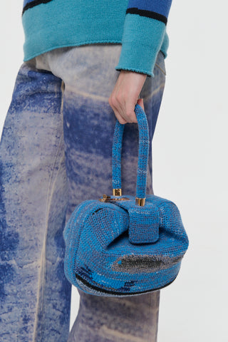 Blue Multi Crochet Cashmere Nina Bag - Styled On Model Held by Hand | Gabriela Hearst