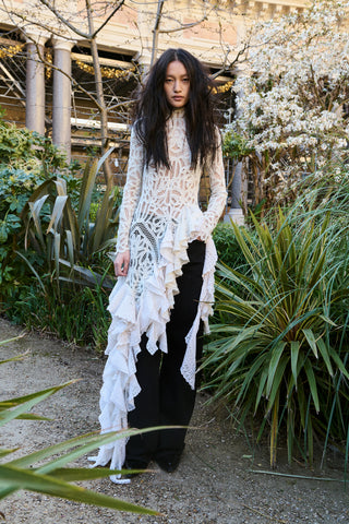 Nimbus Crochet Lace Top in Ivory Cashmere with Custom Ruffles