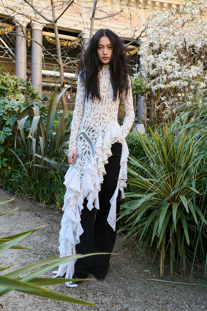 Nimbus Crochet Lace Top in Ivory Cashmere with Custom Ruffles