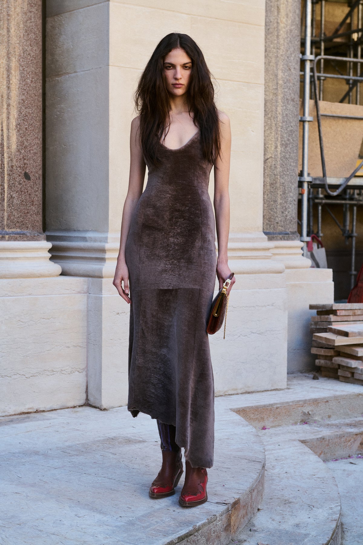 Lyth Raw Cut Dress in Mocha Shearling