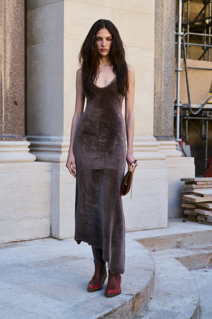 Lyth Raw Cut Dress in Mocha Shearling