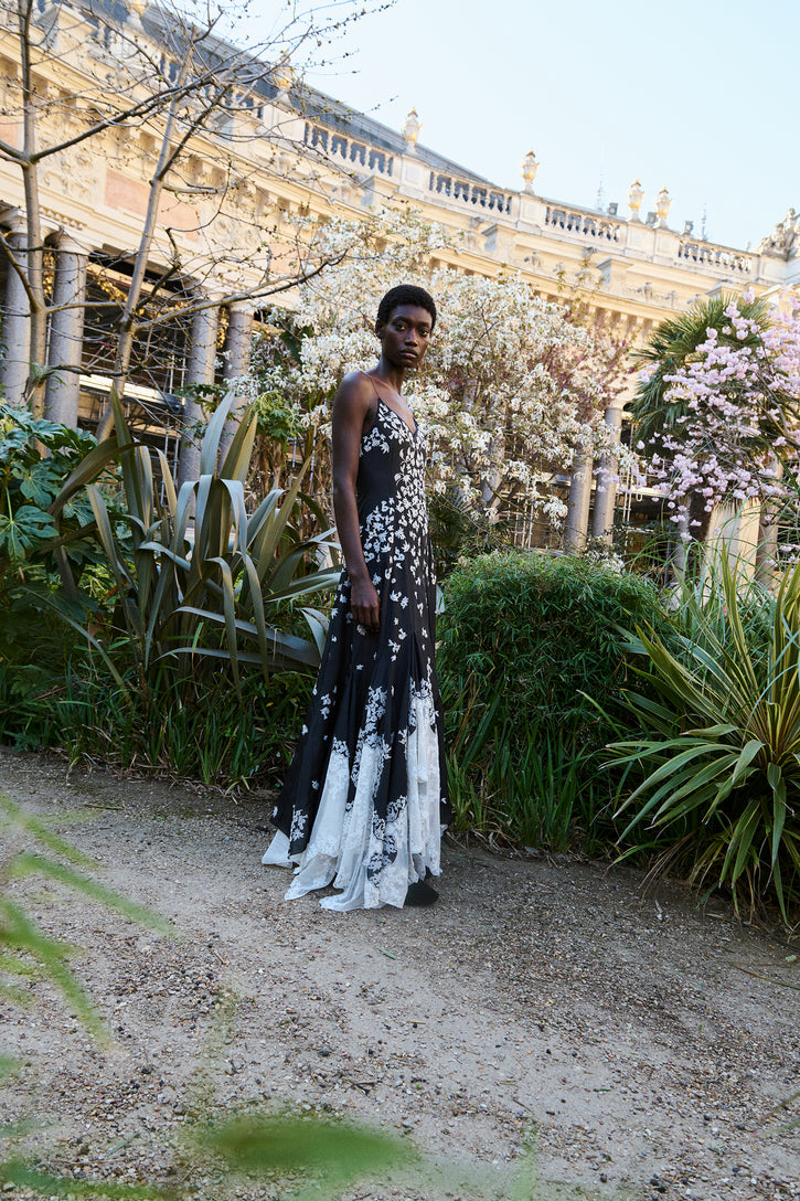 Neville Embroidered Slip Dress in Black Multi Silk Organza