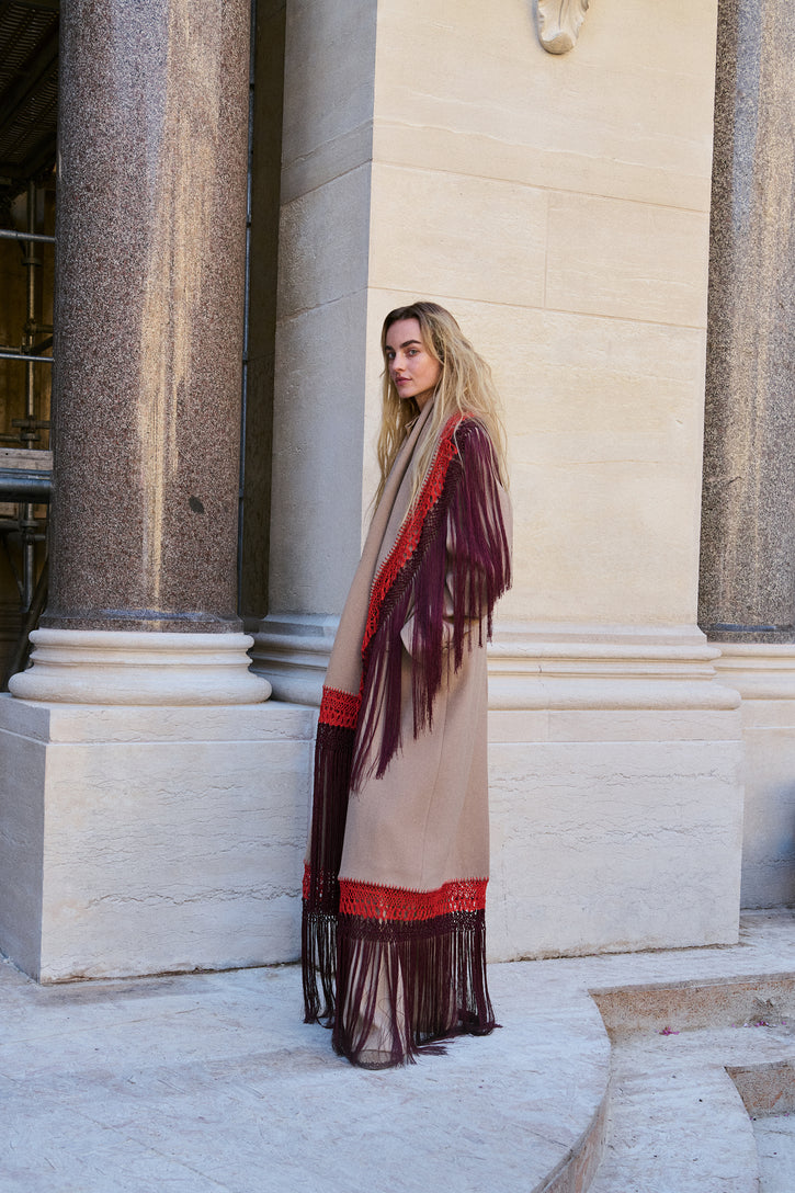 Mcaffrey Coat in Camel Double Face Recycled Cashmere with Macrame