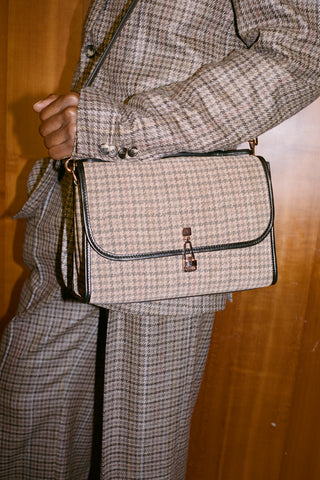 Medium Leonora Bag in Camel Multi Suede Houndstooth
