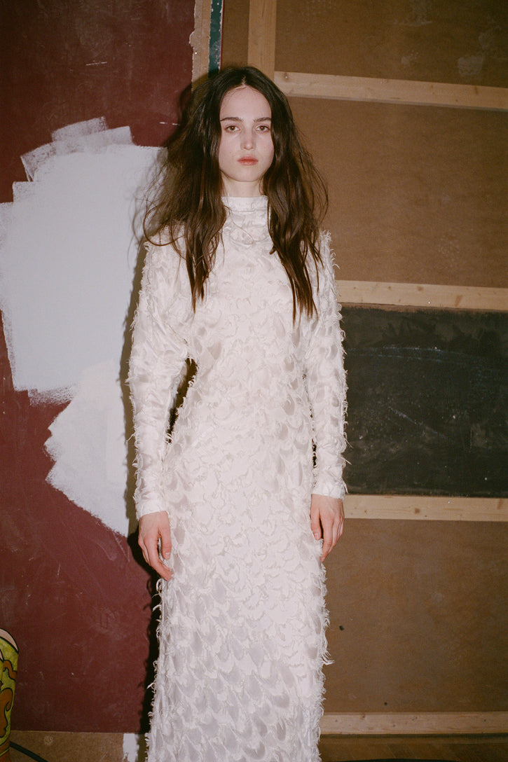 Aberdeen Dress in Ivory Silk Wool Fil Coupé