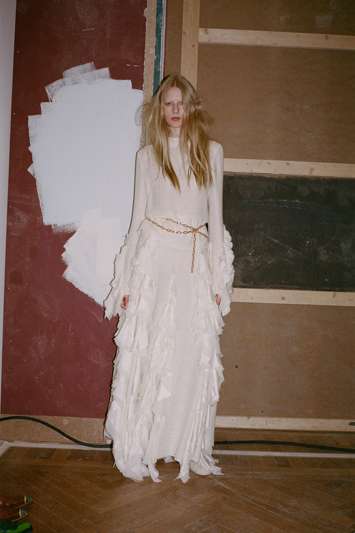 Fawcett Top in Ivory Silk Boucle with Custom Ruffles