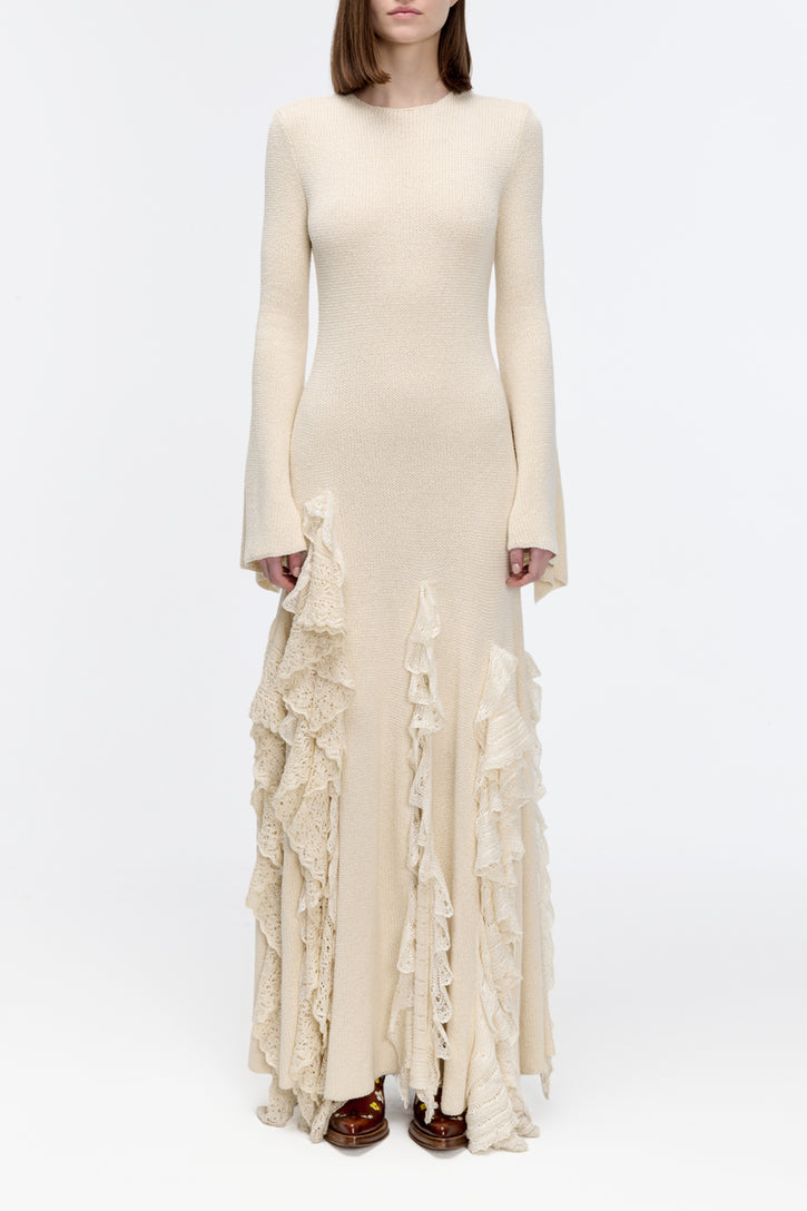 Bloomsbury Knit Dress in Ivory Silk with Custom Ruffles
