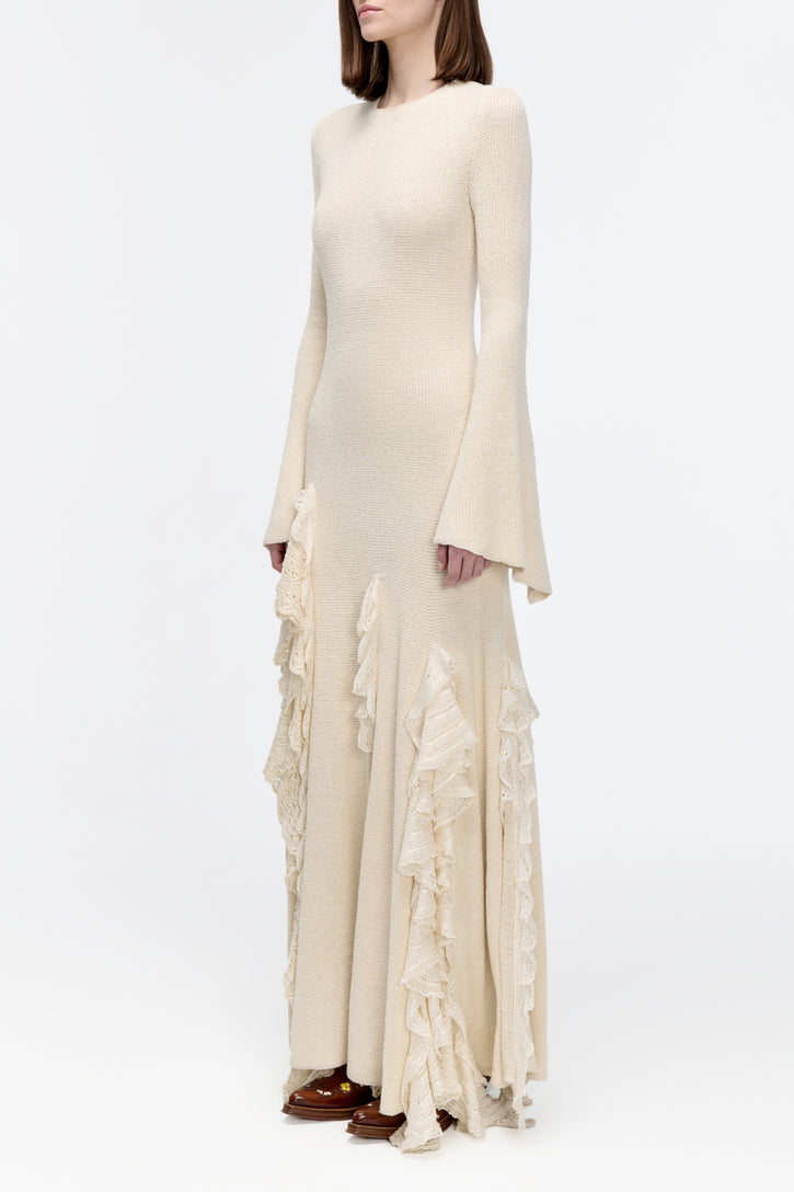 Bloomsbury Knit Dress in Ivory Silk with Custom Ruffles