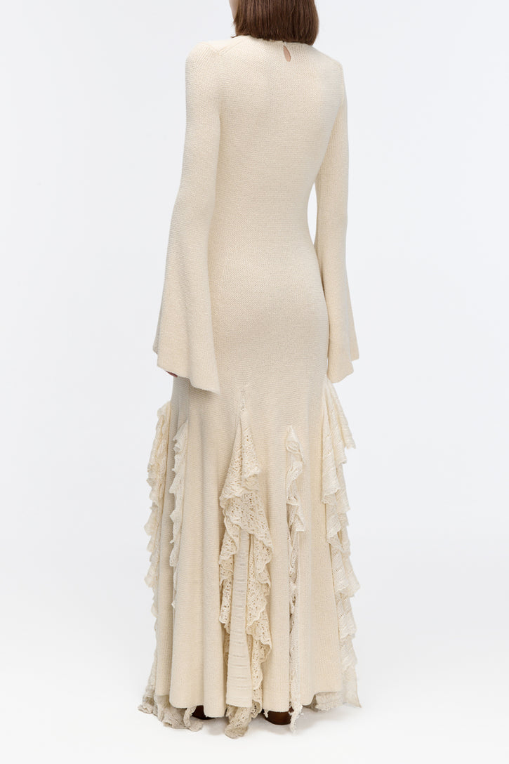 Bloomsbury Knit Dress in Ivory Silk with Custom Ruffles
