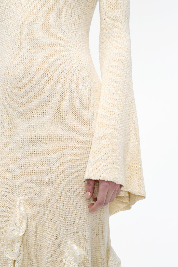 Bloomsbury Knit Dress in Ivory Silk with Custom Ruffles