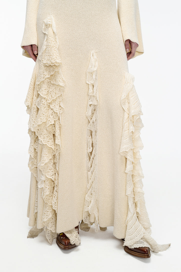 Bloomsbury Knit Dress in Ivory Silk with Custom Ruffles