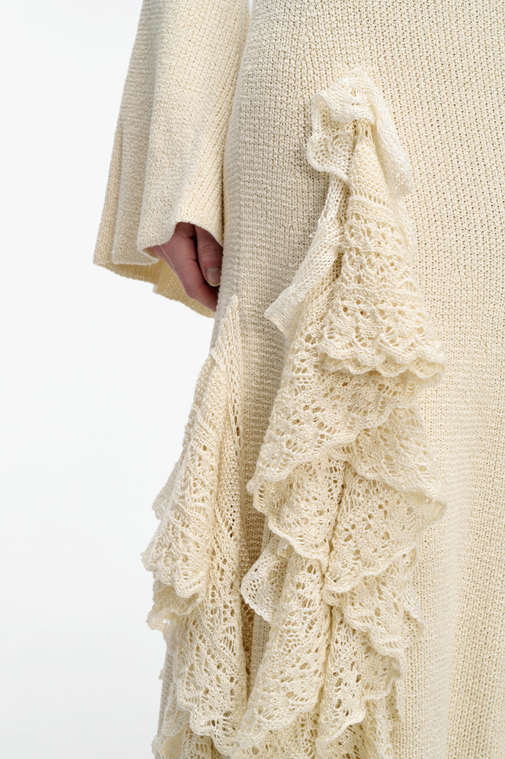 Bloomsbury Knit Dress in Ivory Silk with Custom Ruffles