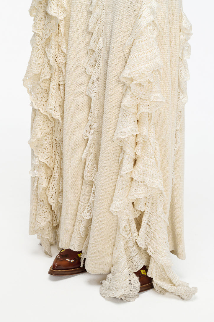 Bloomsbury Knit Dress in Ivory Silk with Custom Ruffles