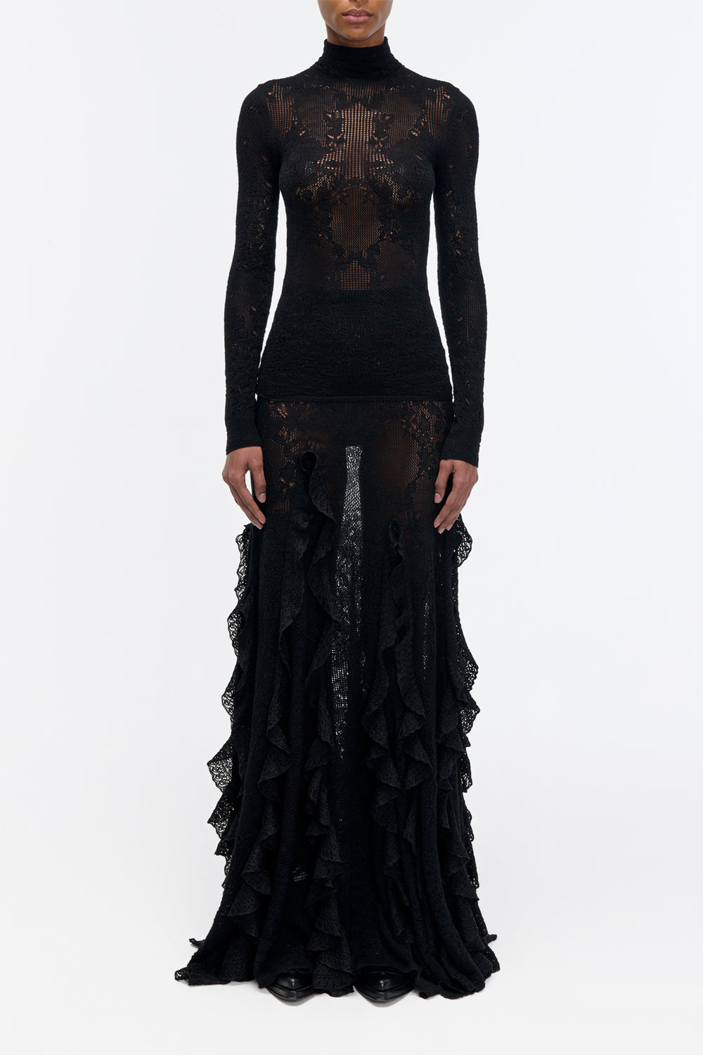 Waite Knit Top in Black Merino Wool Silk Lace