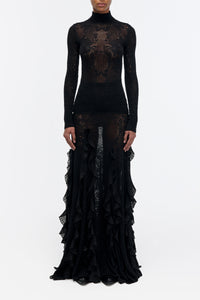 Waite Knit Top in Black Merino Wool Silk Lace