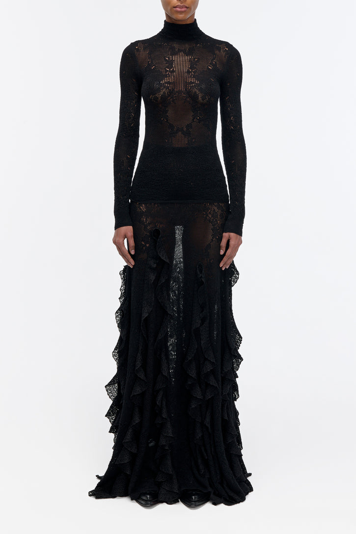 Waite Knit Top in Black Merino Wool Silk Lace