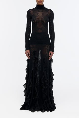 Waite Pointelle Knit Lace Top in Black Silk Merino Wool