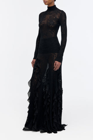 Waite Pointelle Knit Lace Top in Black Silk Merino Wool
