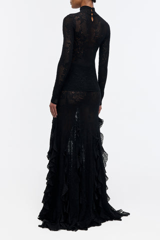 Waite Pointelle Knit Lace Top in Black Silk Merino Wool