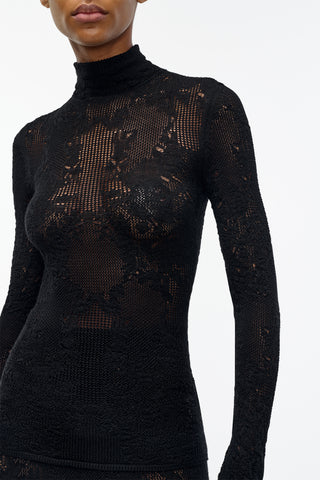 Waite Pointelle Knit Lace Top in Black Silk Merino Wool