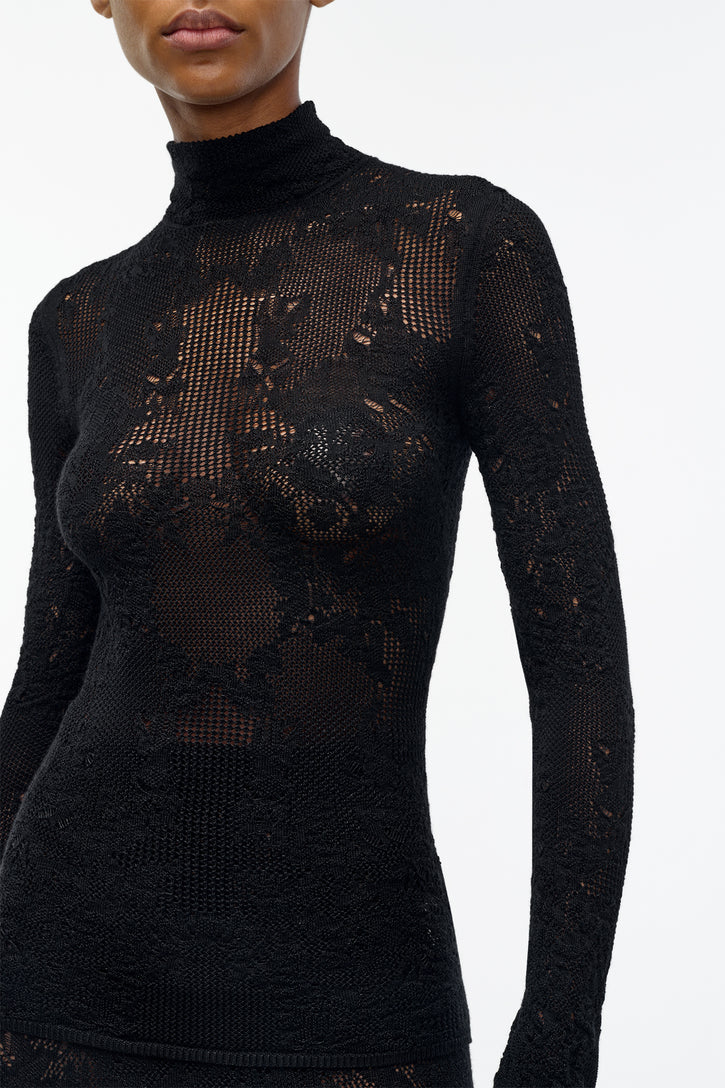 Waite Knit Top in Black Merino Wool Silk Lace