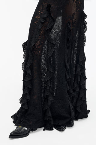 Garnet Pointelle Knit Lace Skirt in Black Silk Merino Wool with Custom Ruffles