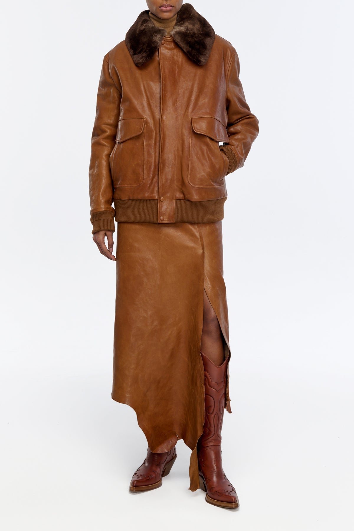 Grant Bomber Jacket in Cognac Vachetta Leather with Recycled Fur Collar