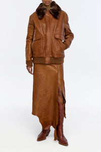 Grant Bomber Jacket in Cognac Vachetta Leather with Recycled Fur Collar