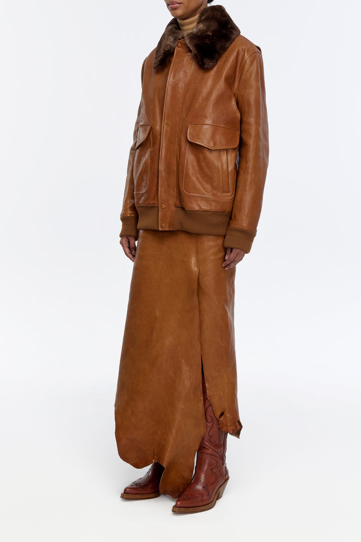 Grant Bomber Jacket in Cognac Vachetta Leather with Recycled Fur Collar