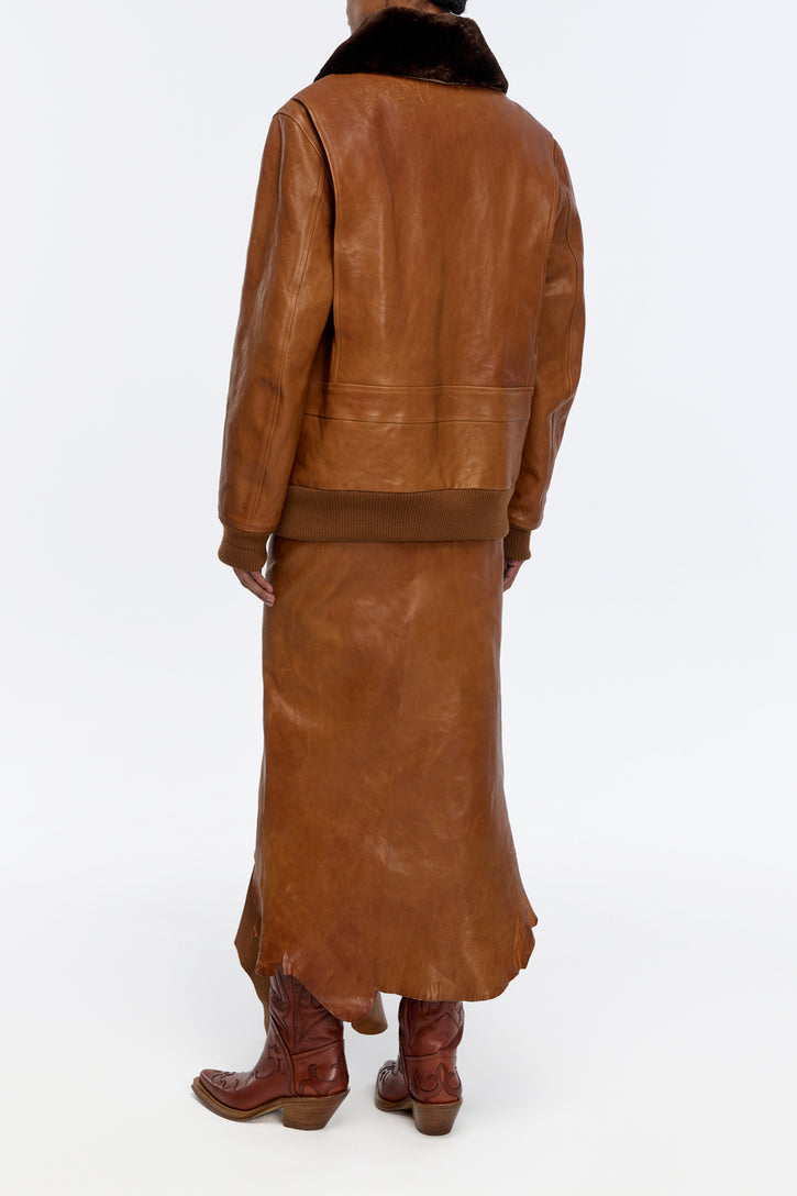 Grant Bomber Jacket in Cognac Vachetta Leather with Recycled Fur Collar