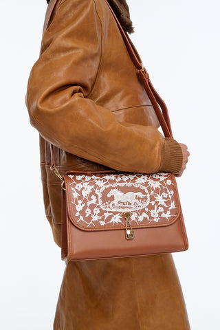 Hand Painted Medium Leonora Flap Bag in Cognac & White Leather