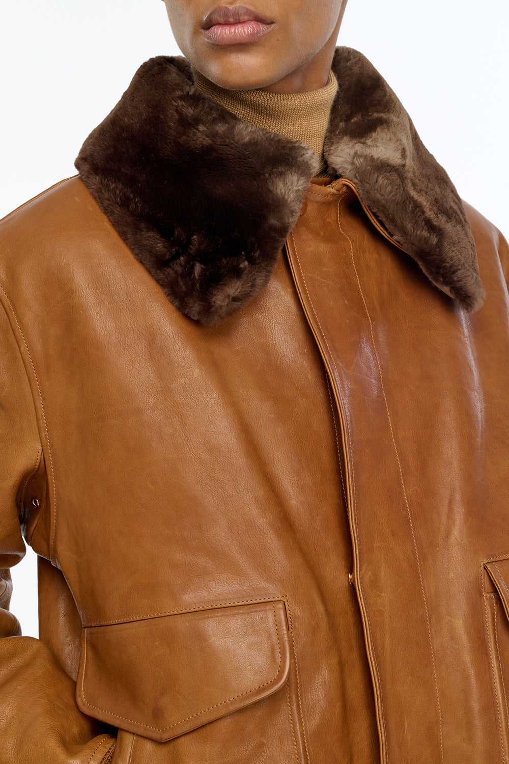 Grant Bomber Jacket in Cognac Vachetta Leather with Recycled Fur Collar