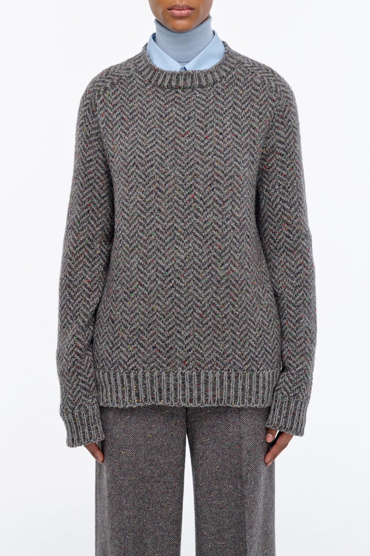 Sermo Knit Crewneck Sweater in Charcoal Multi Specked Aran Cashmere Herringbone