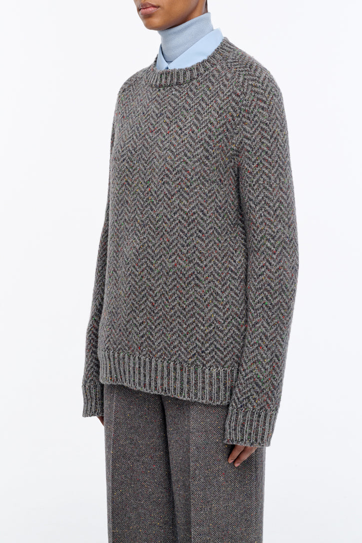 Sermo Knit Crewneck Sweater in Charcoal Multi Specked Aran Cashmere Herringbone