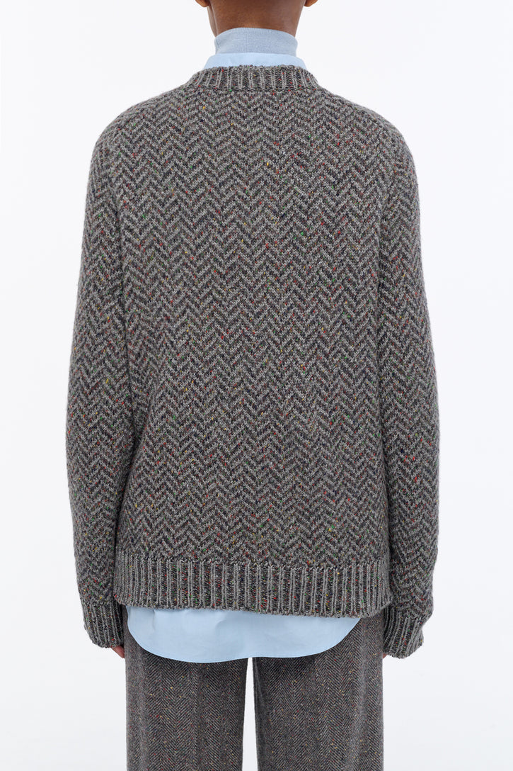 Sermo Knit Crewneck Sweater in Charcoal Multi Specked Aran Cashmere Herringbone