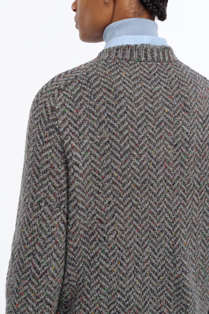 Sermo Knit Crewneck Sweater in Charcoal Multi Specked Aran Cashmere Herringbone