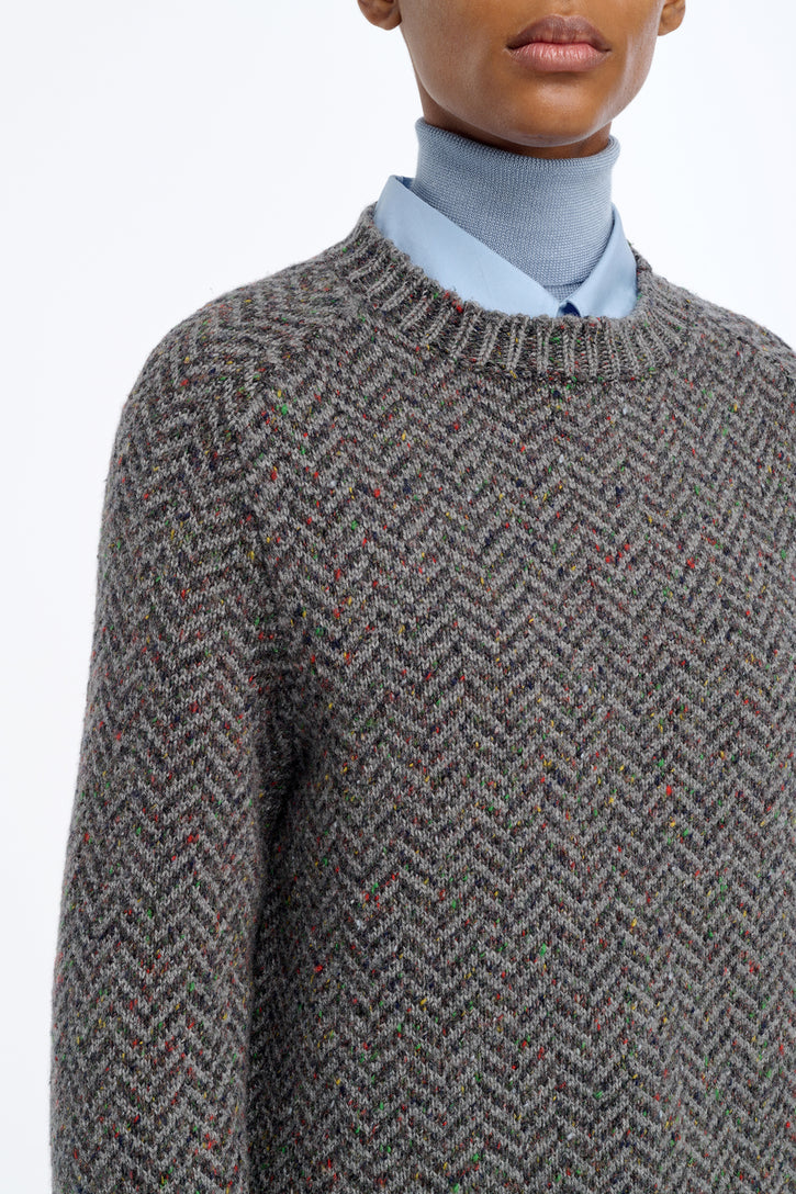 Sermo Knit Crewneck Sweater in Charcoal Multi Specked Aran Cashmere Herringbone